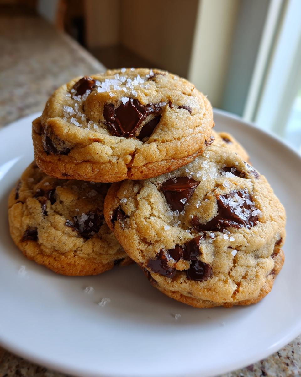 A stack of three perfectly baked chocolate chip cookies sprinkled with flaky sea salt.