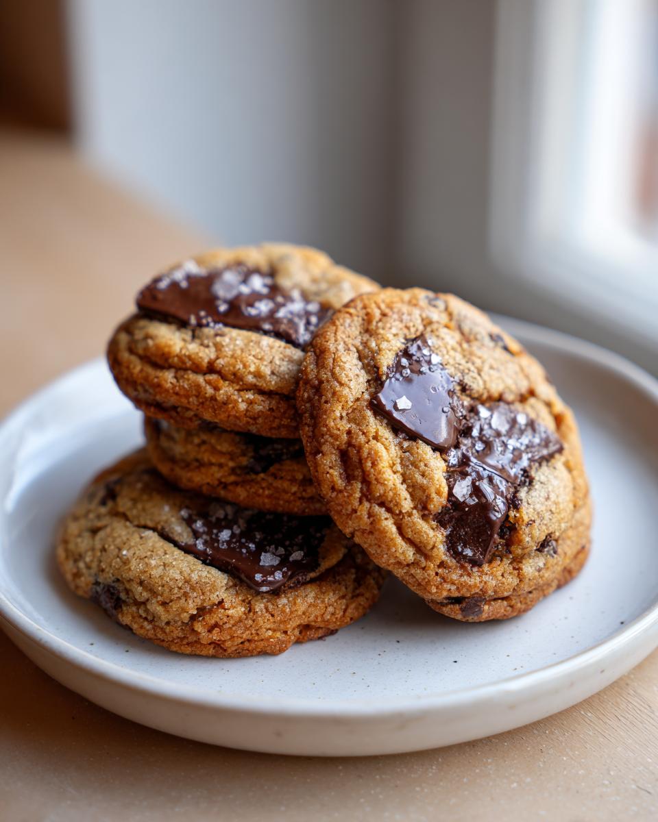 A stack of four golden-brown chocolate chip cookies topped with melted chocolate chunks and flaky sea salt.