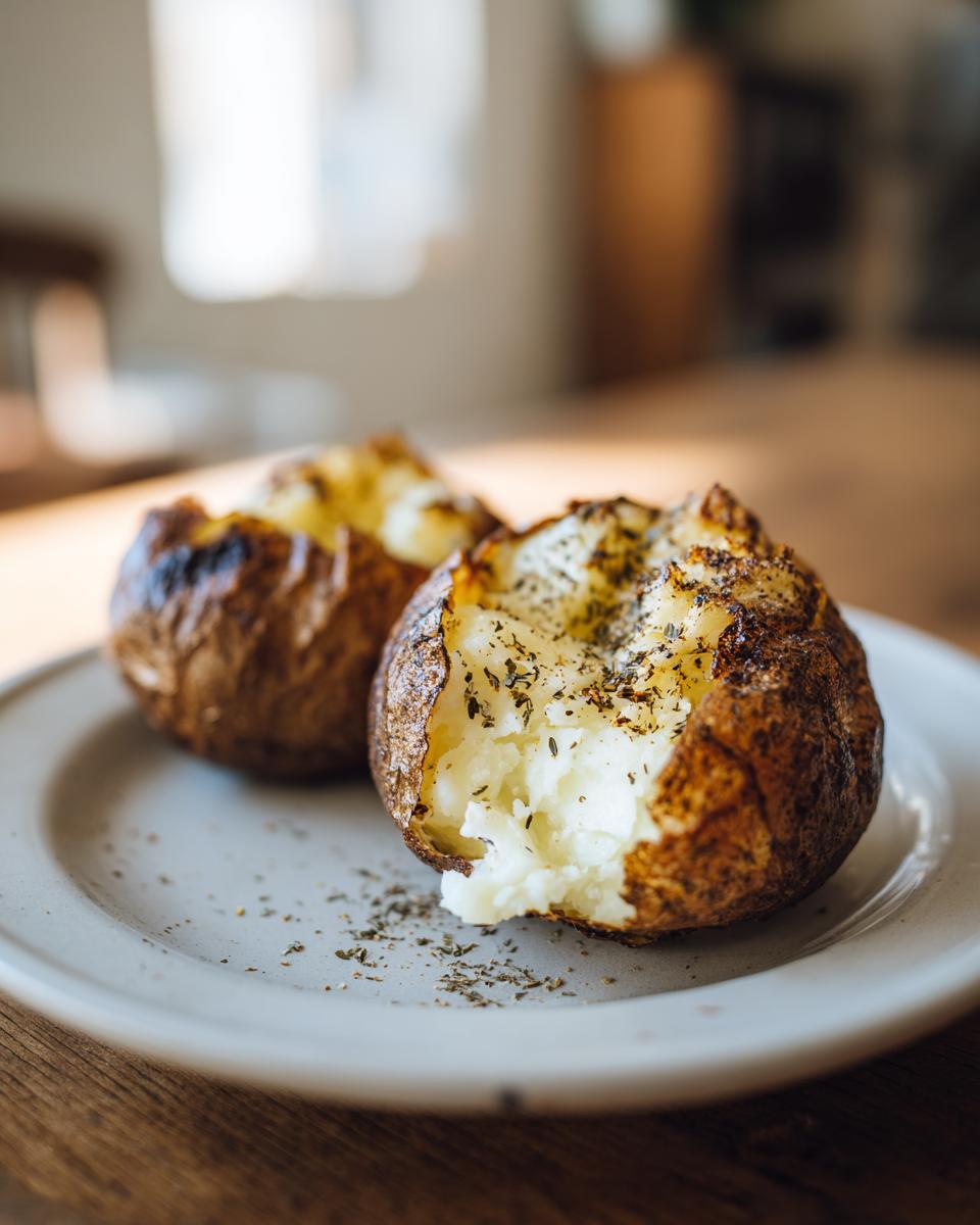 Two fluffy air fryer baked potato halves served on a plate, seasoned with dried herbs.