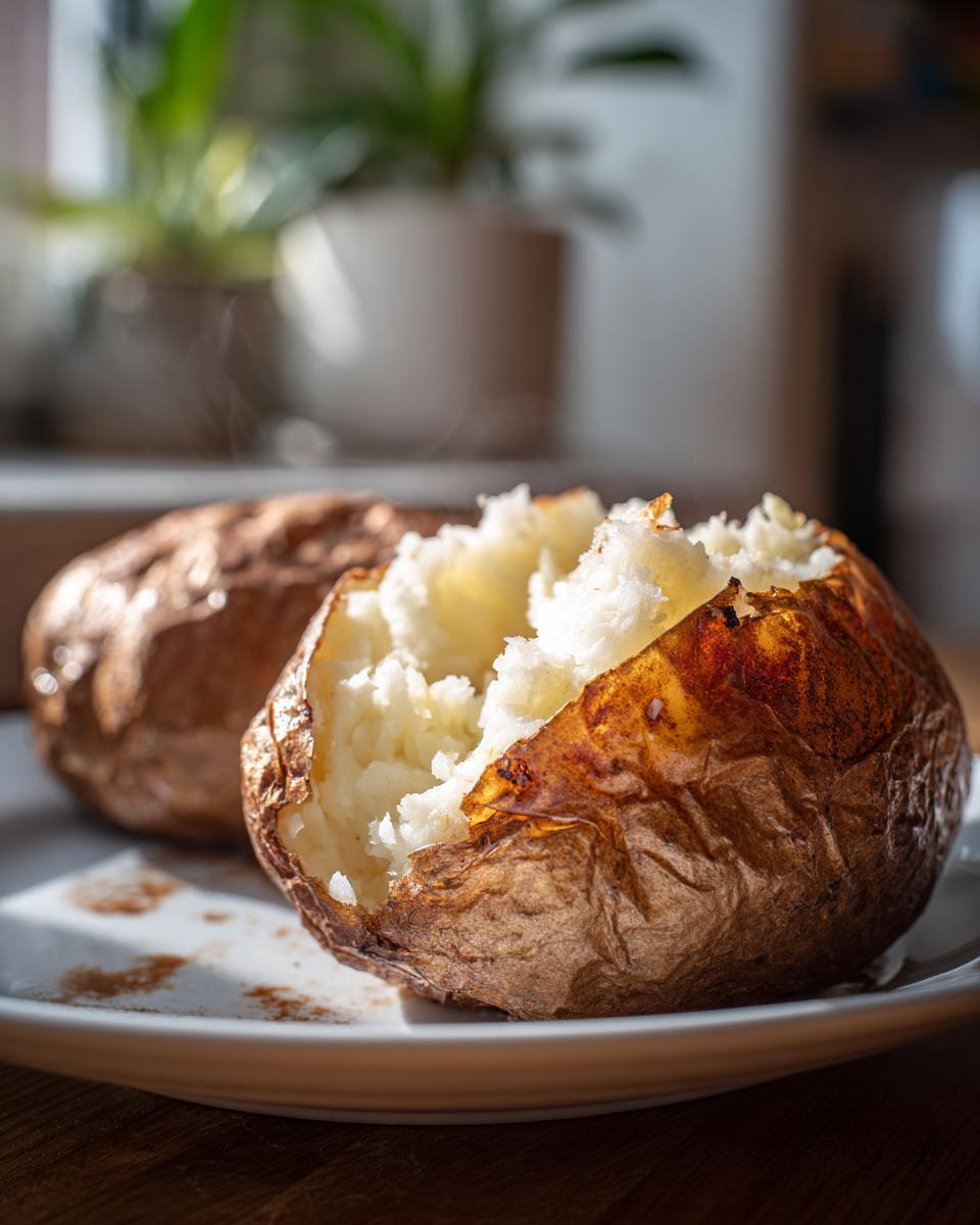 Close-up of a perfectly cooked air fryer baked potato, split open to show the fluffy white interior and crispy skin.
