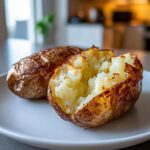 Two perfectly cooked air fryer baked potato halves showing fluffy interior and crispy skin.