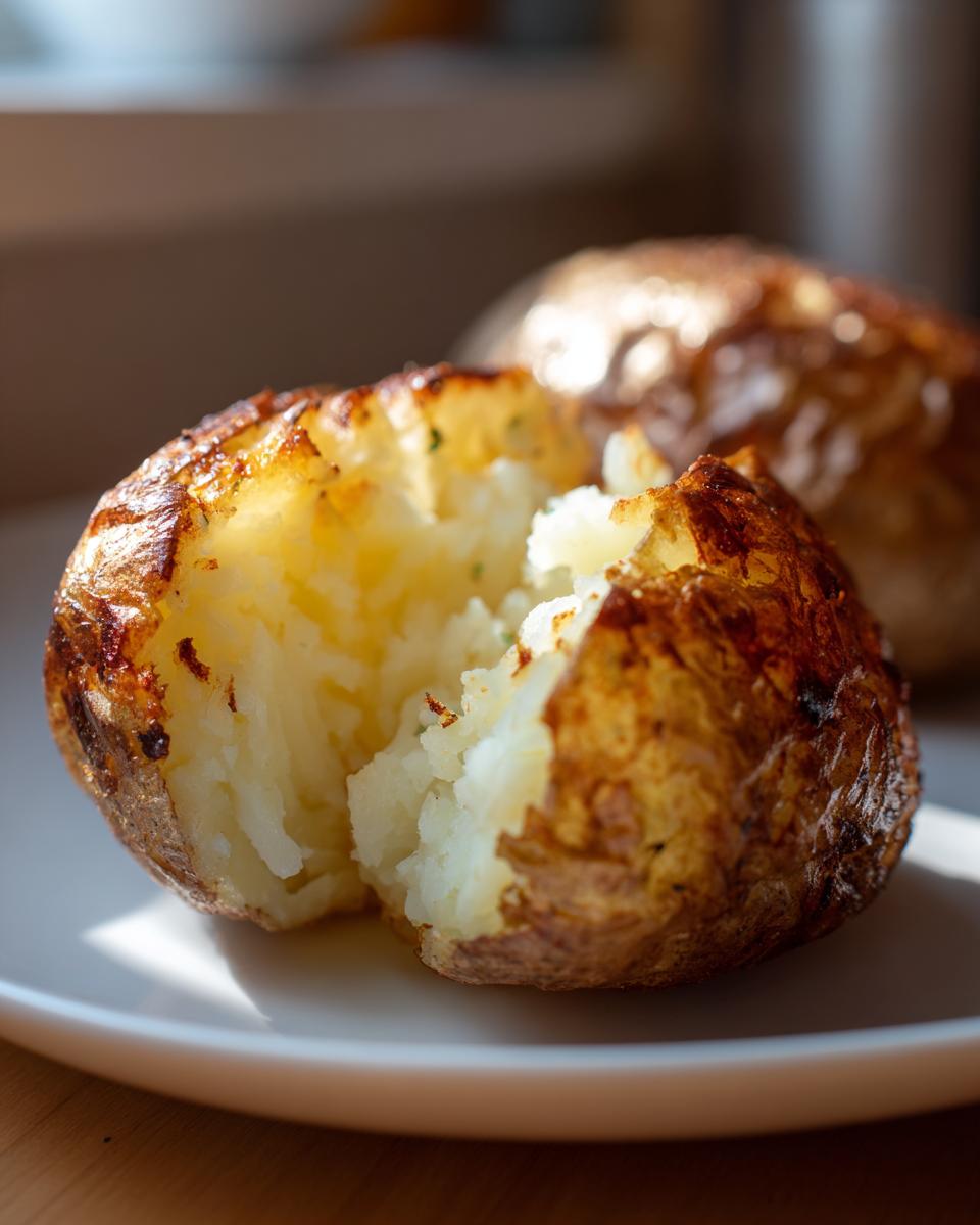 Close-up of a perfectly cooked air fryer baked potato, split open to show the fluffy white interior and crispy skin.