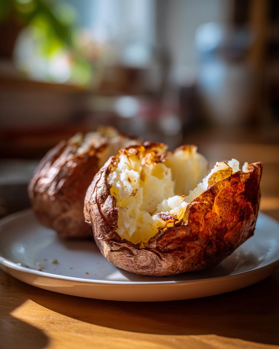 Close-up of a perfectly cooked air fryer baked potato, split open to show fluffy interior.
