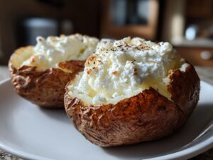 Two fluffy air fryer baked potato halves stuffed generously with cottage cheese or sour cream and sprinkled with pepper.