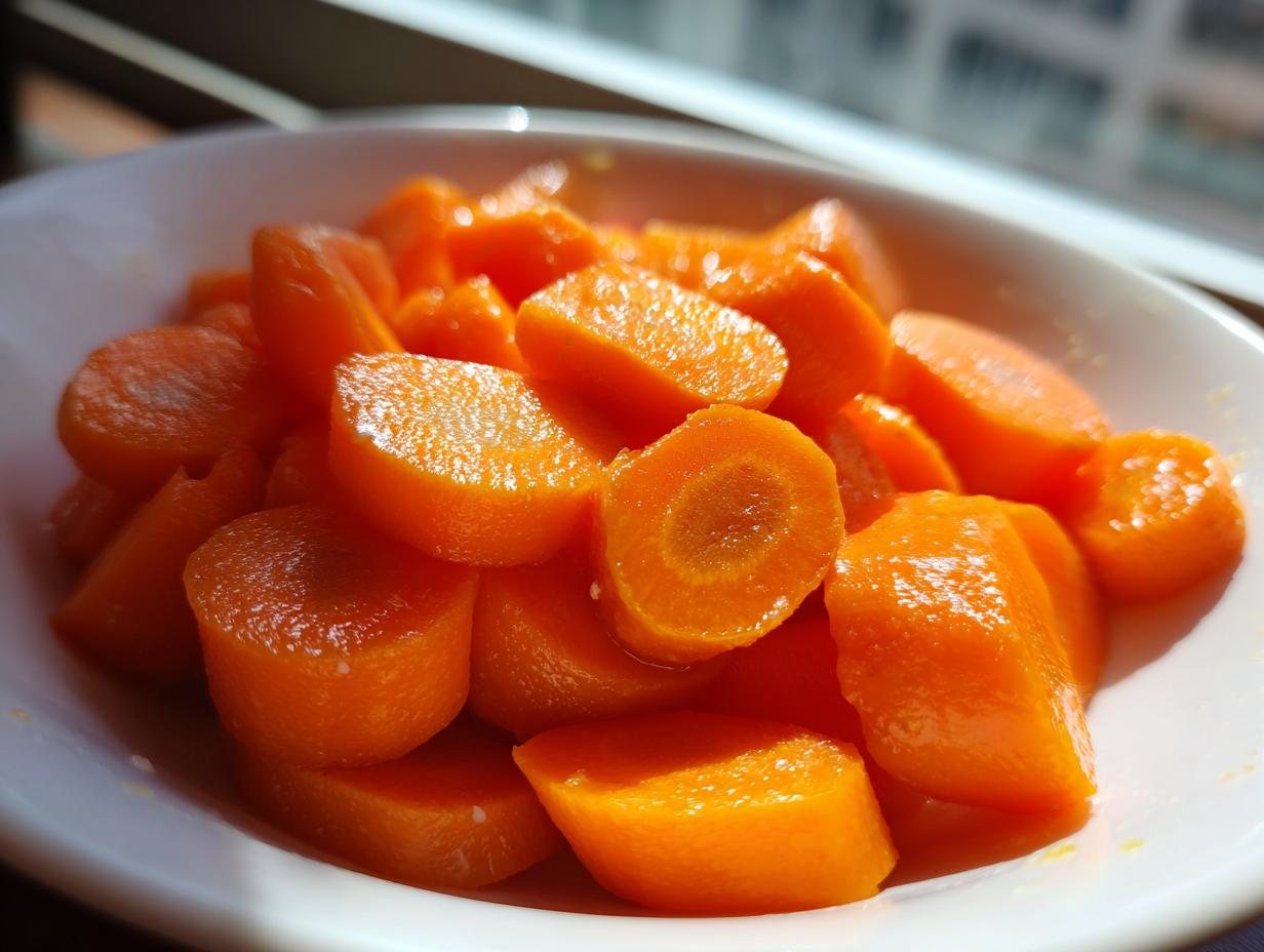 Close-up of bright orange, glistening glazed carrots served in a white bowl near a window.