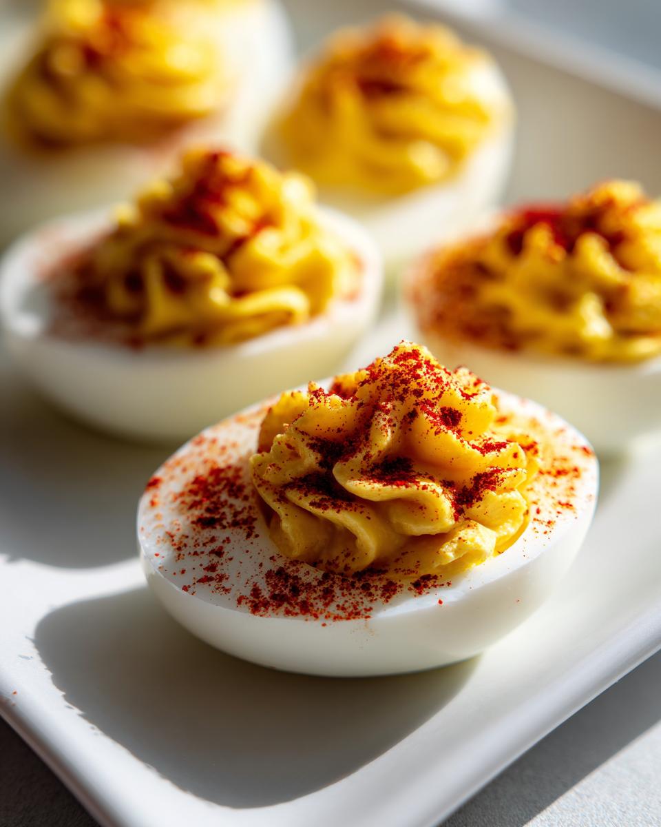 Close-up of perfectly piped deviled eggs topped with bright red paprika seasoning on a white platter.