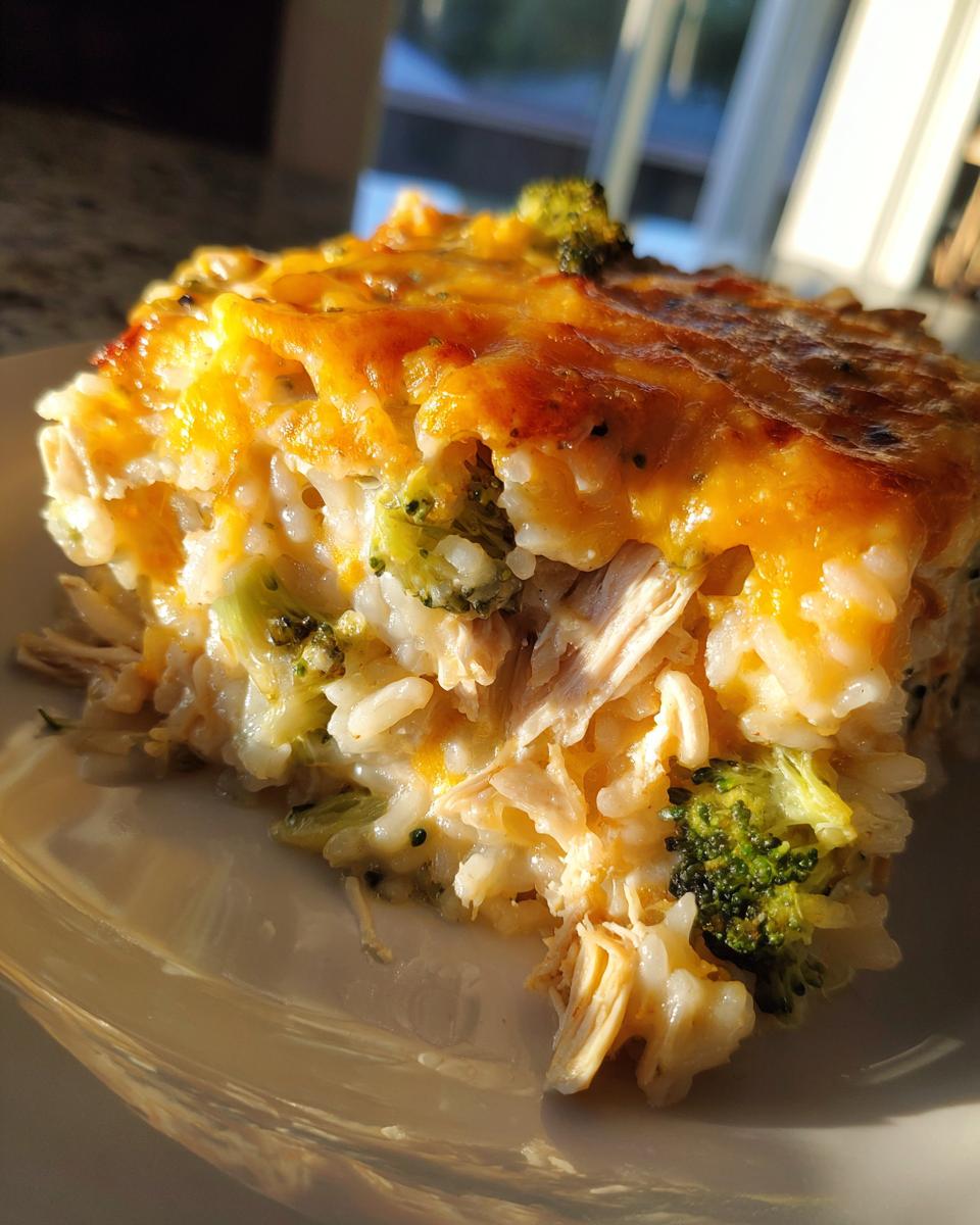 A close-up slice of creamy chicken and broccoli rice casserole topped with melted golden cheese.