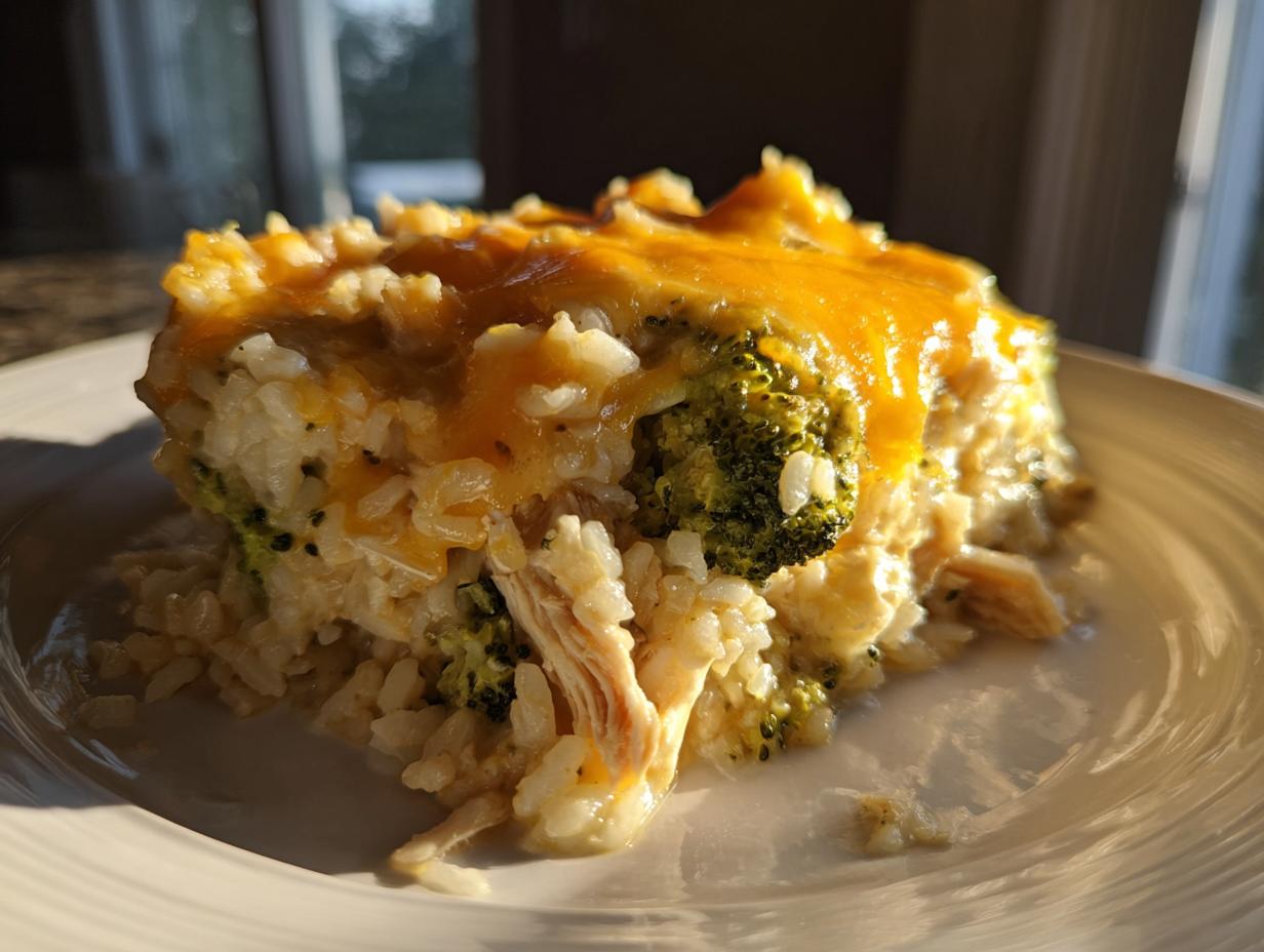 A close-up serving of creamy chicken and broccoli rice casserole topped with melted cheddar cheese.