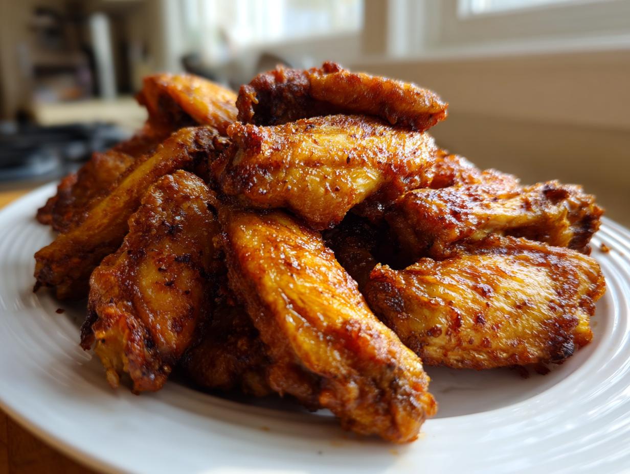 A close-up of a pile of golden brown, crispy chicken wings seasoned with spices, ready to eat.
