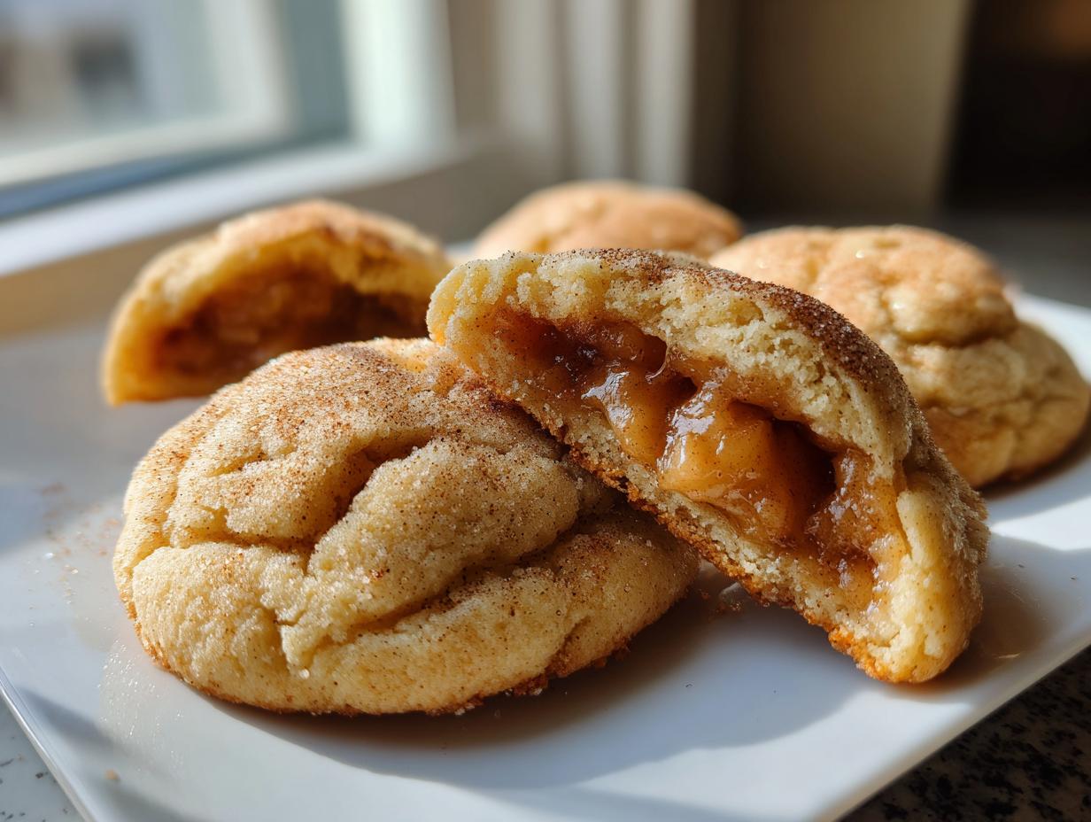 A close-up of amazing apple pie cookies, one broken open to show the gooey apple filling inside.