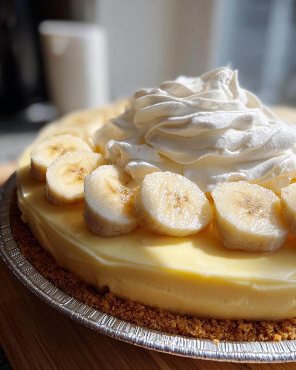 A close-up of a finished banana cream pie topped with sliced bananas and a swirl of whipped cream.
