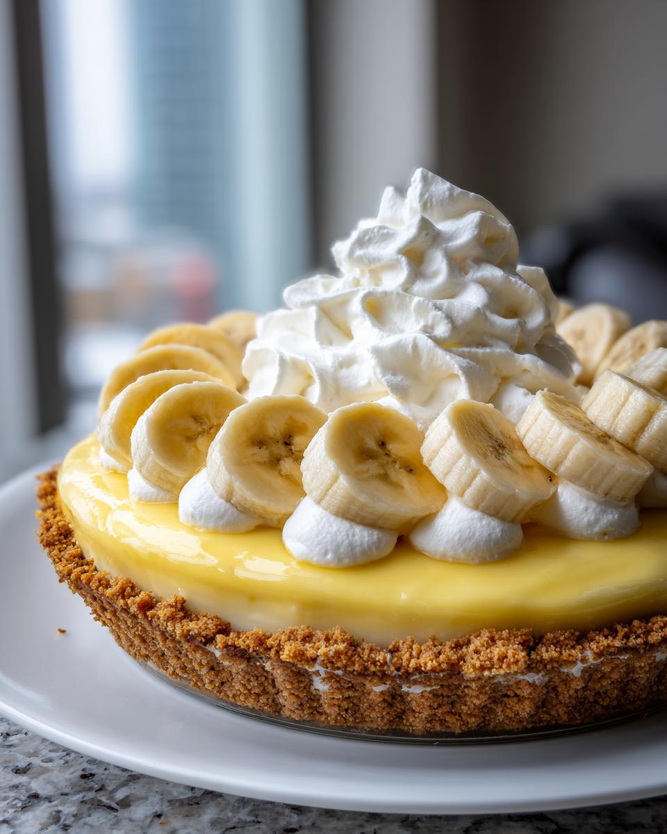 A beautiful, whole banana cream pie featuring a graham cracker crust, yellow custard filling, sliced bananas, and a large dollop of whipped cream.