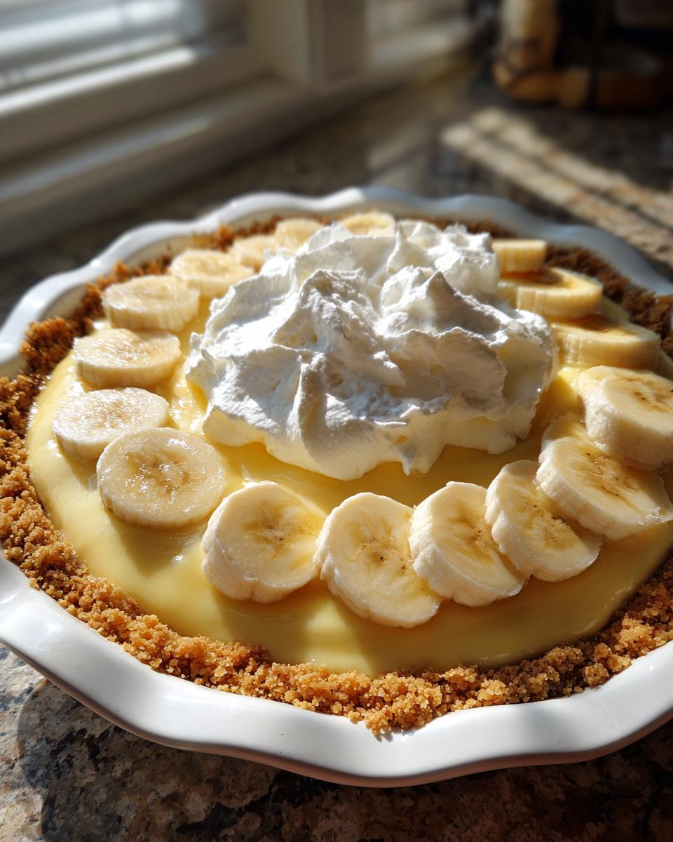 A finished banana cream pie with a graham cracker crust, topped with vanilla custard, sliced bananas, and a large dollop of whipped cream.
