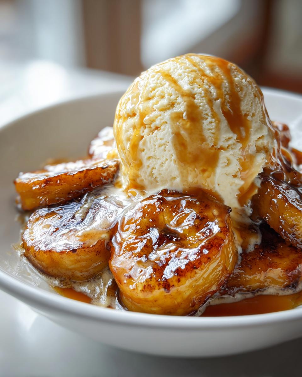 Close-up of caramelized bananas in sauce topped with vanilla ice cream drizzled with caramel sauce, classic bananas foster.