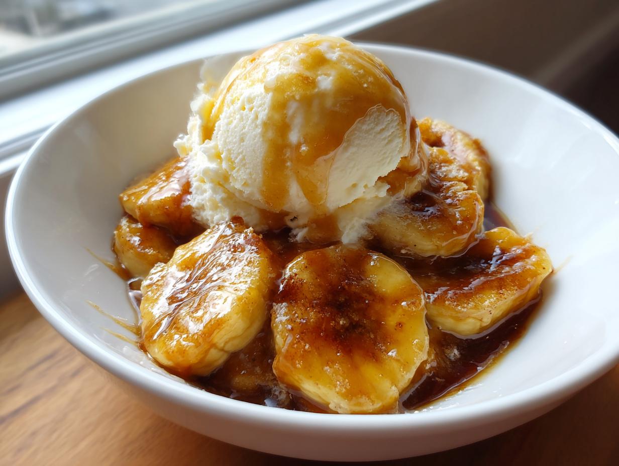 Close-up of warm bananas foster slices topped with vanilla ice cream and caramel sauce in a white bowl.