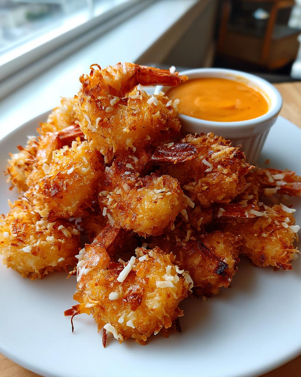 A pile of golden brown, crispy coconut shrimp served on a white plate next to a small bowl of orange dipping sauce.