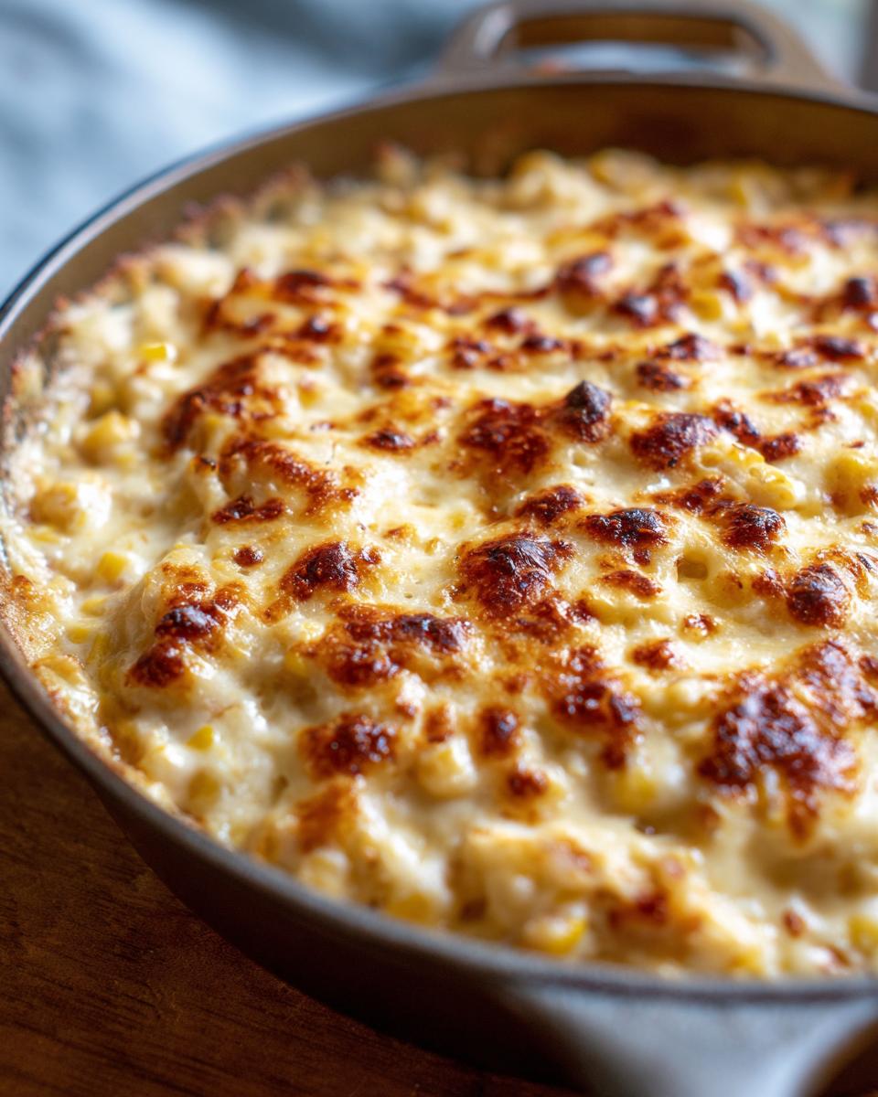Close-up of baked corn dip with cream cheese, featuring a golden-brown, bubbly, and melted cheese topping.