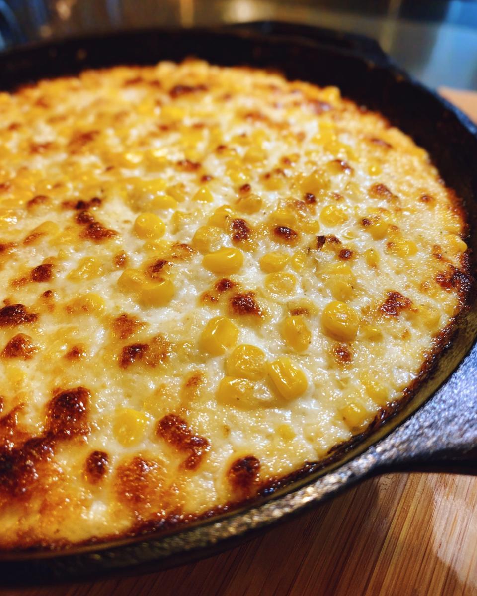 Close-up of baked corn dip with cream cheese, featuring golden brown, bubbly cheese and bright yellow corn kernels in a cast iron skillet.
