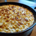 Close-up of a bubbling, baked corn dip with cream cheese and browned cheese topping in a black skillet.