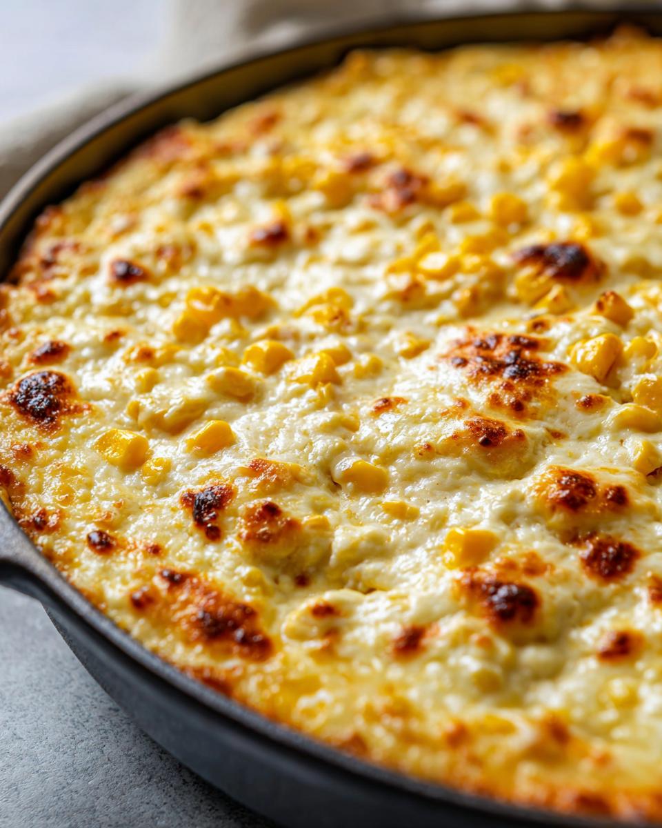 Close-up of hot, bubbly corn dip with cream cheese baked to a golden brown in a cast iron skillet.