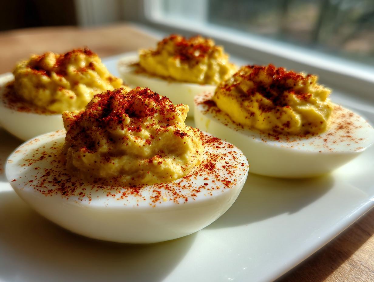 Four perfectly piped deviled eggs sprinkled generously with bright red paprika on a white plate.