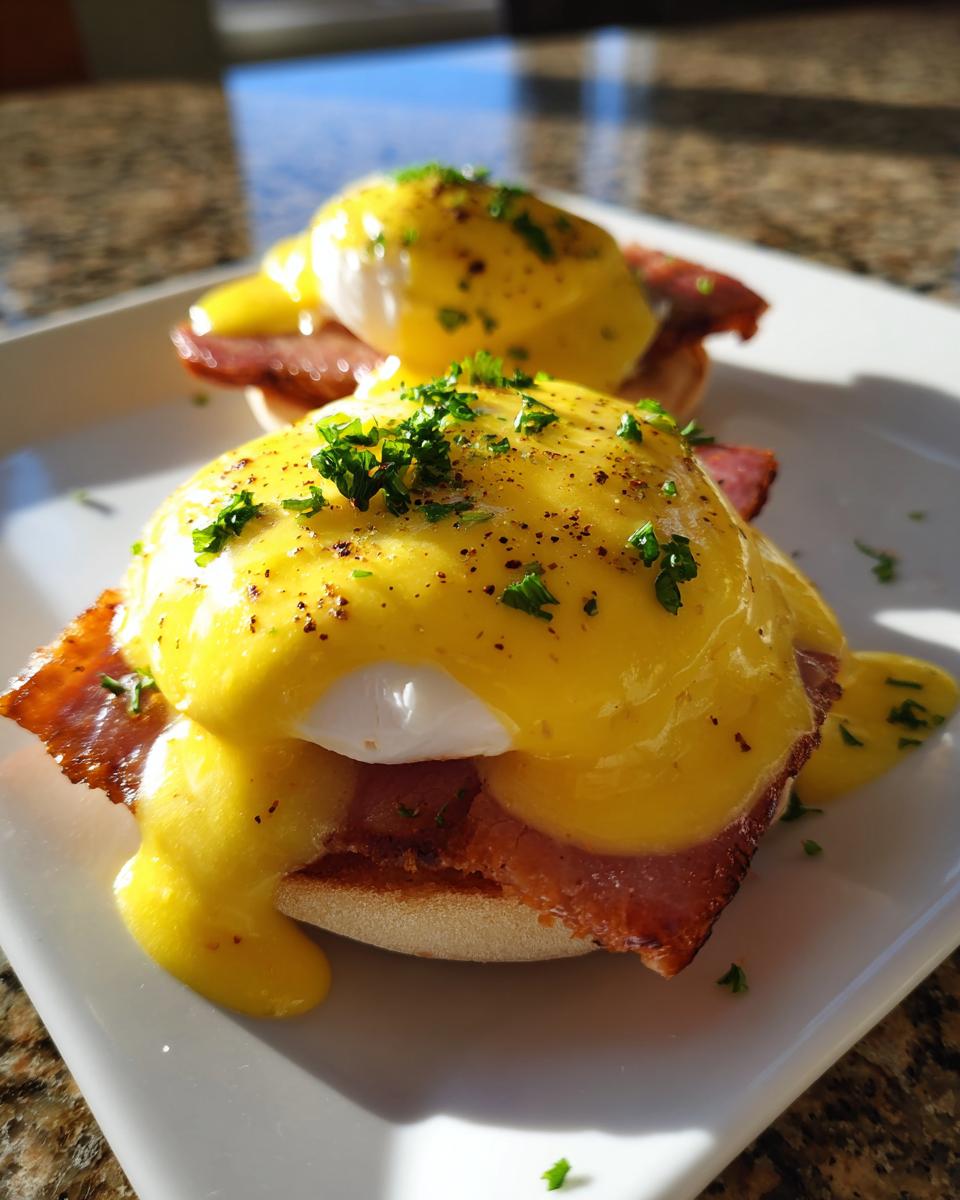 Two servings of classic eggs benedict with poached eggs, ham, and bright yellow hollandaise sauce, garnished with parsley.