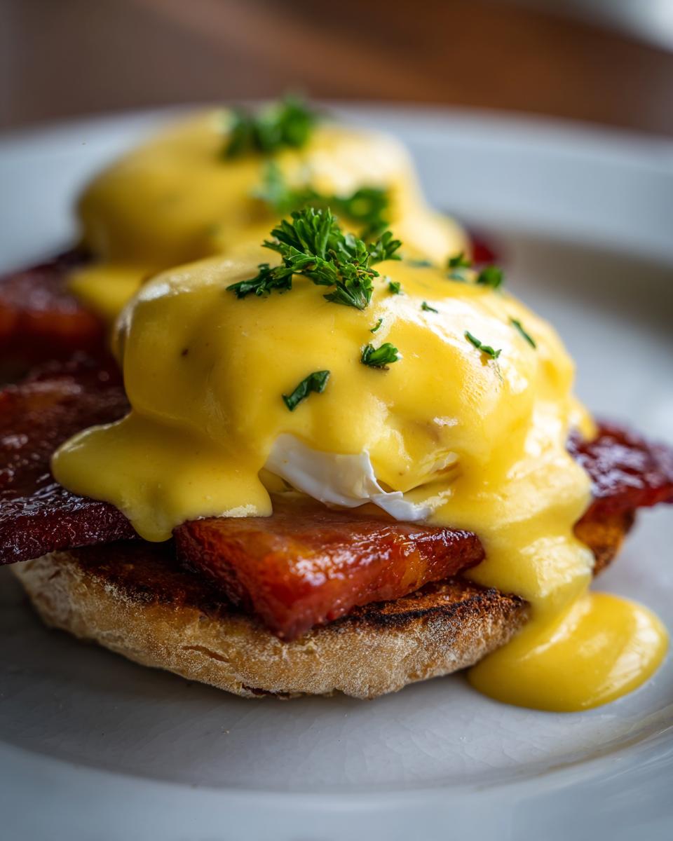 Close-up of two servings of eggs benedict featuring poached eggs, thick bacon, and rich hollandaise sauce on toasted English muffins.