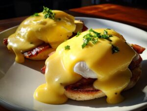 Two servings of classic eggs benedict topped with bright yellow hollandaise sauce and fresh parsley.