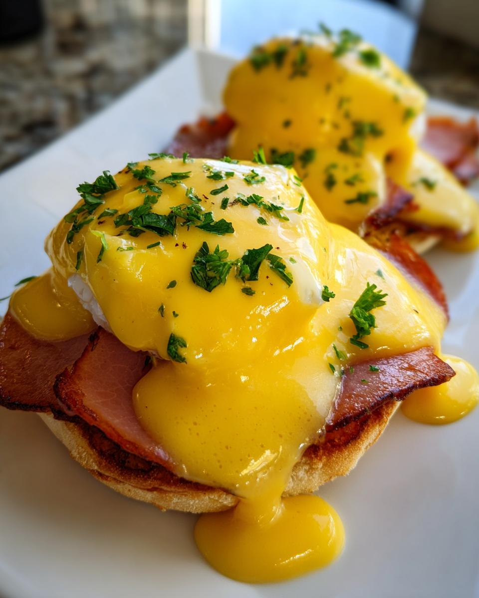 Two servings of classic eggs benedict featuring poached eggs, ham, and rich hollandaise sauce, garnished with parsley.