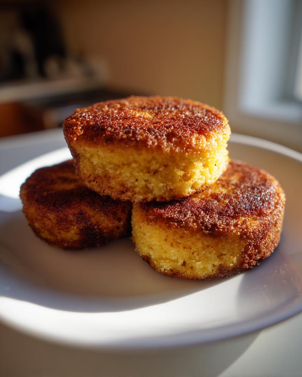 Three golden, circular pieces of fried cornbread stacked slightly on a white plate, showing a dark, crispy crust.