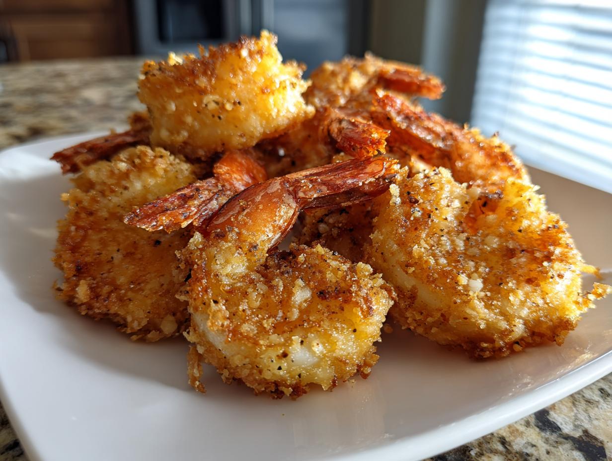 A close-up of a mound of golden brown, crispy fried shrimp piled high on a white rectangular plate.