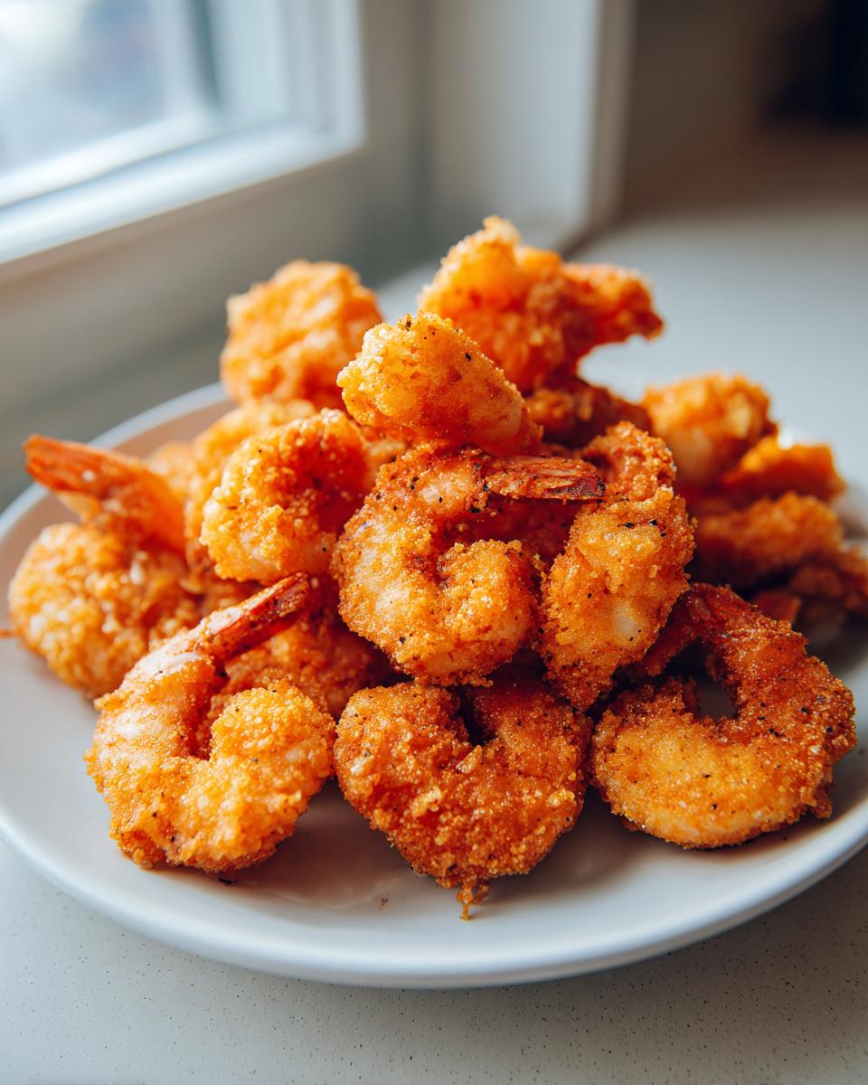 A close-up of a mound of golden brown, crispy fried shrimp piled high on a white plate.