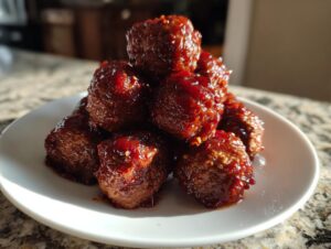 A close-up of several glistening grape jelly meatballs piled high on a small white plate.