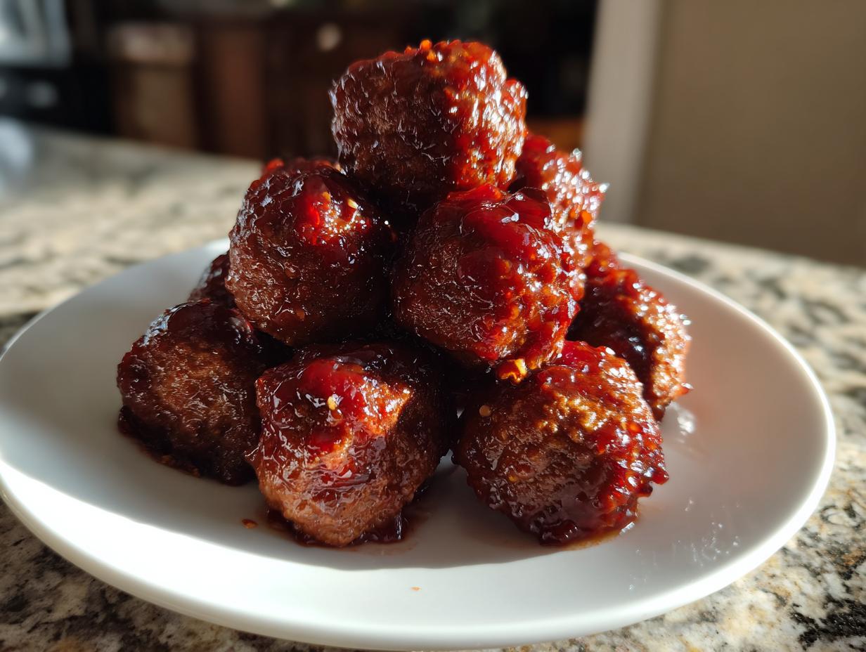 A close-up of several glistening grape jelly meatballs piled high on a small white plate.