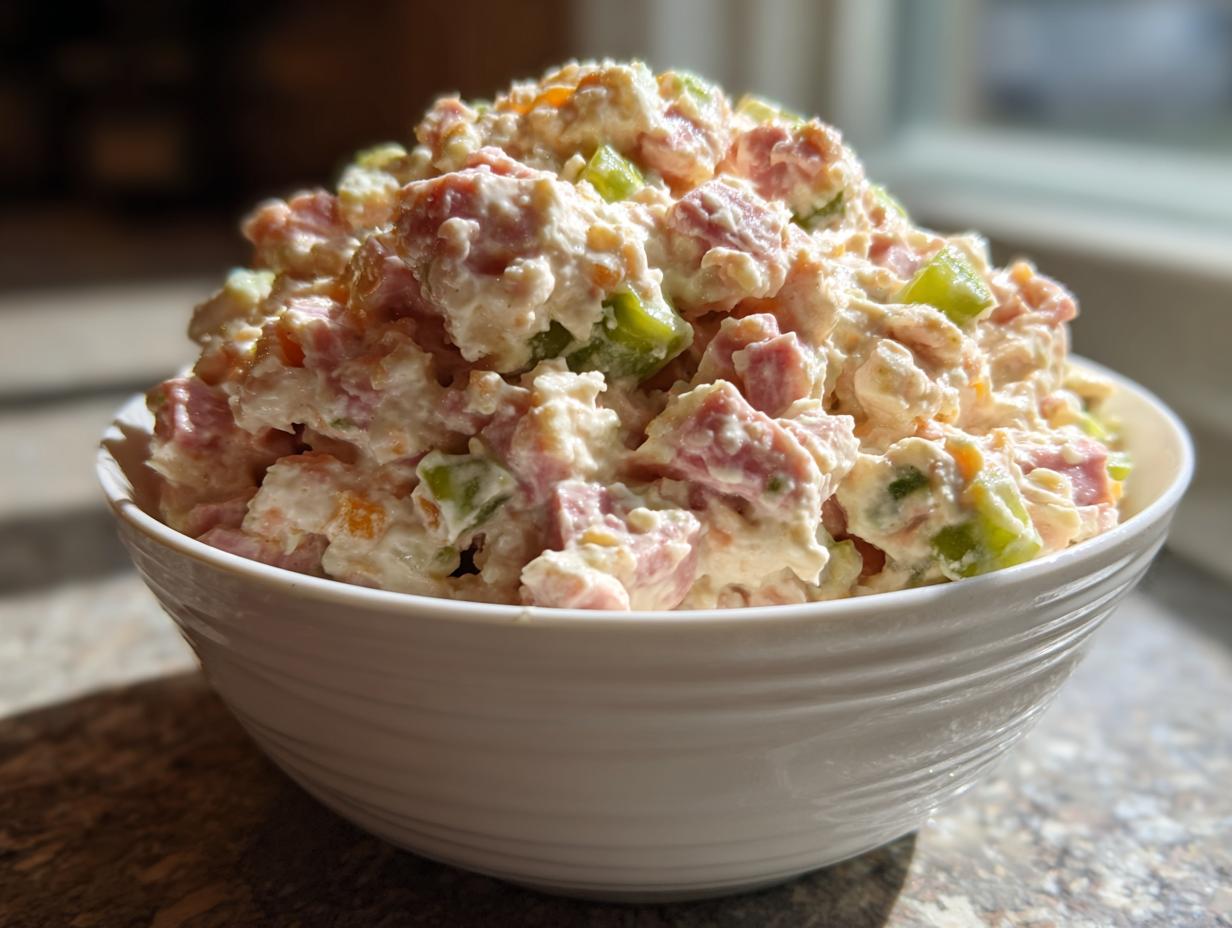 A generous serving of creamy, chunky ham salad with visible pieces of diced ham and green peppers in a white bowl.