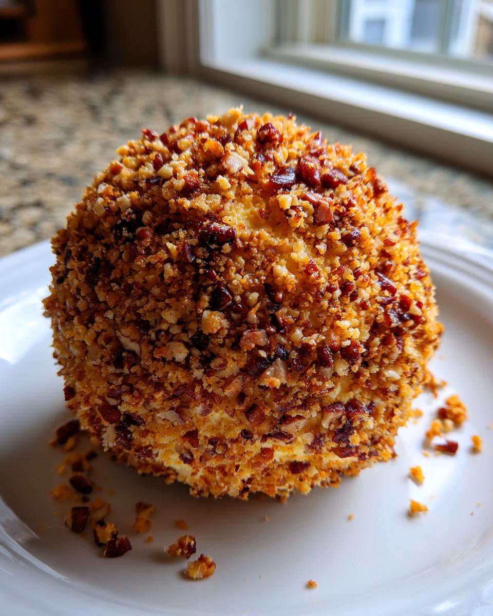 A perfectly formed Holiday cheese ball completely covered in a thick coating of chopped toasted nuts.
