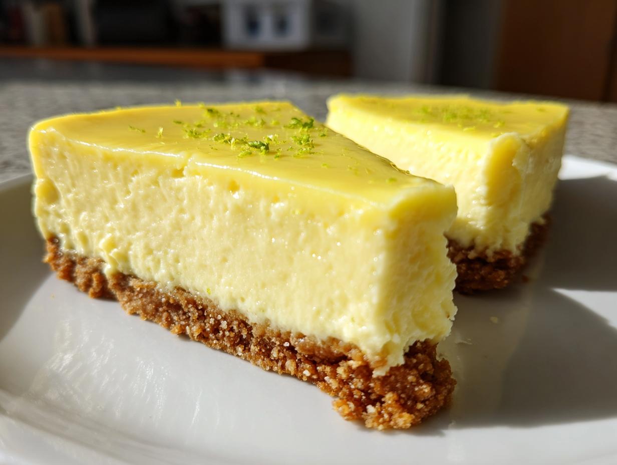 Two slices of creamy, bright yellow key lime cheesecake with a graham cracker crust, garnished with lime zest.