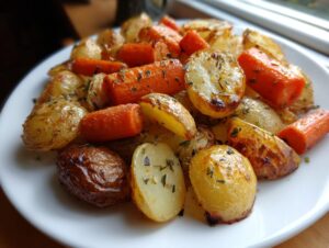 A close-up of golden brown roasted potatoes and carrots seasoned with herbs on a white plate.