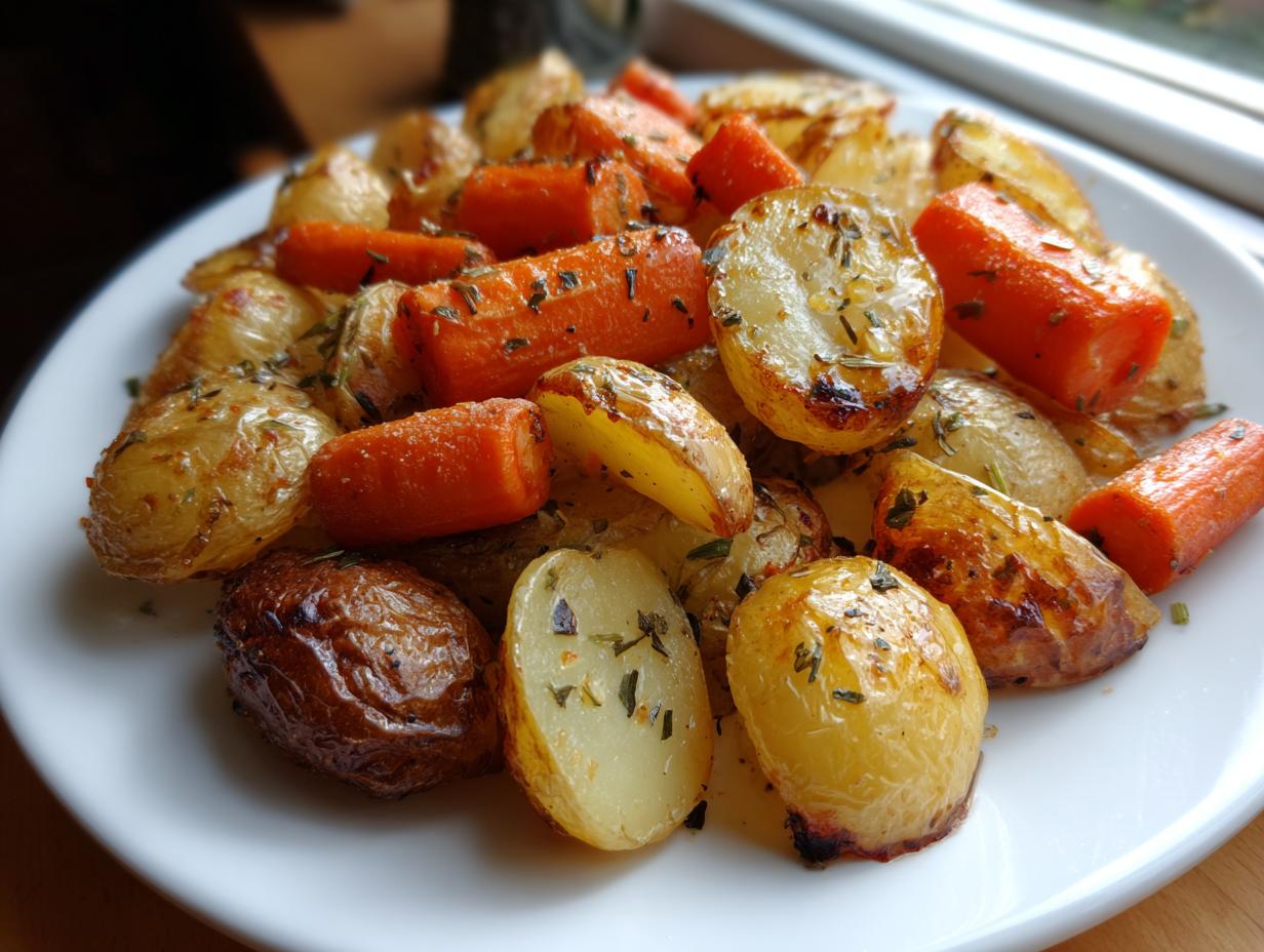 A close-up of golden brown roasted potatoes and carrots seasoned with herbs on a white plate.