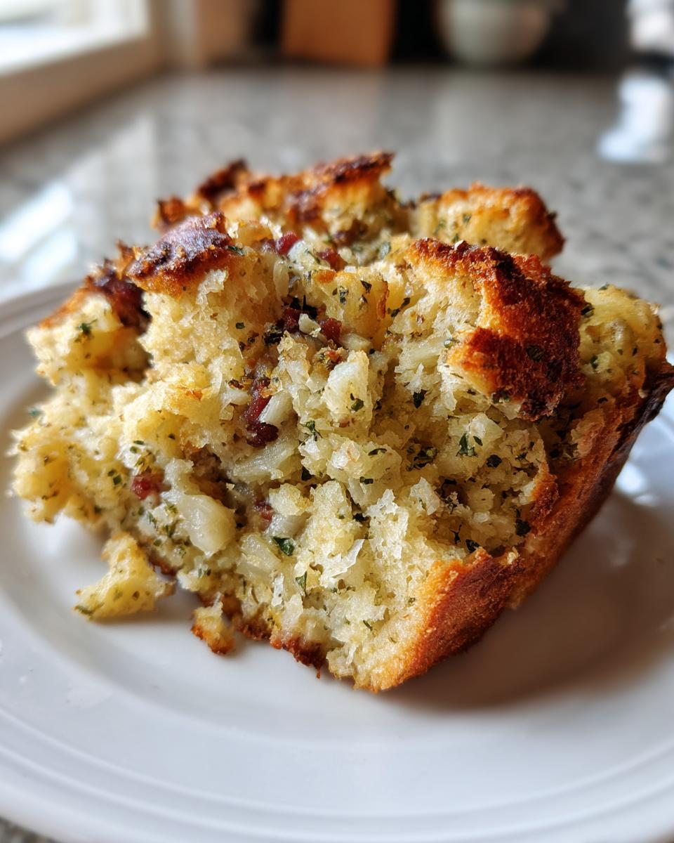A close-up of a serving of moist, savory sausage stuffing with golden brown edges on a white plate.