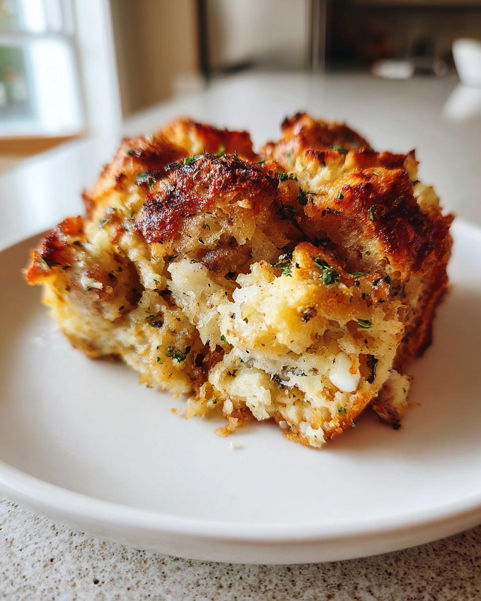 Close-up of a golden-brown serving of sausage stuffing on a white plate, showing texture and herbs.