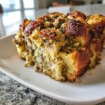 Close-up of a serving of amazing sausage stuffing, showing the moist interior and browned, herbed top.