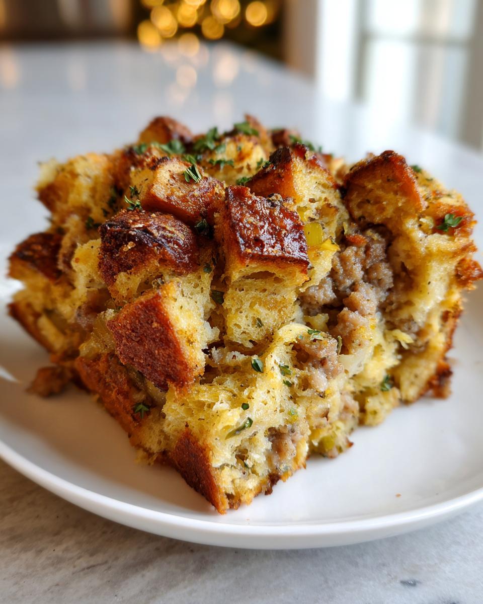A close-up serving of baked sausage stuffing with crispy bread cubes and ground sausage filling.