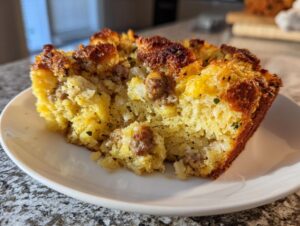 A close-up of a moist slice of sausage stuffing with browned, crispy edges served on a white plate.
