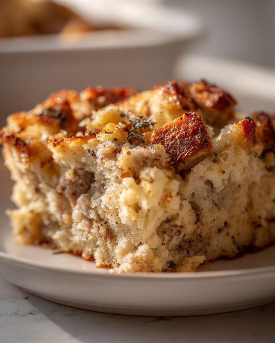 A close-up, appetizing slice of baked sausage stuffing showing bread cubes, herbs, and ground sausage.