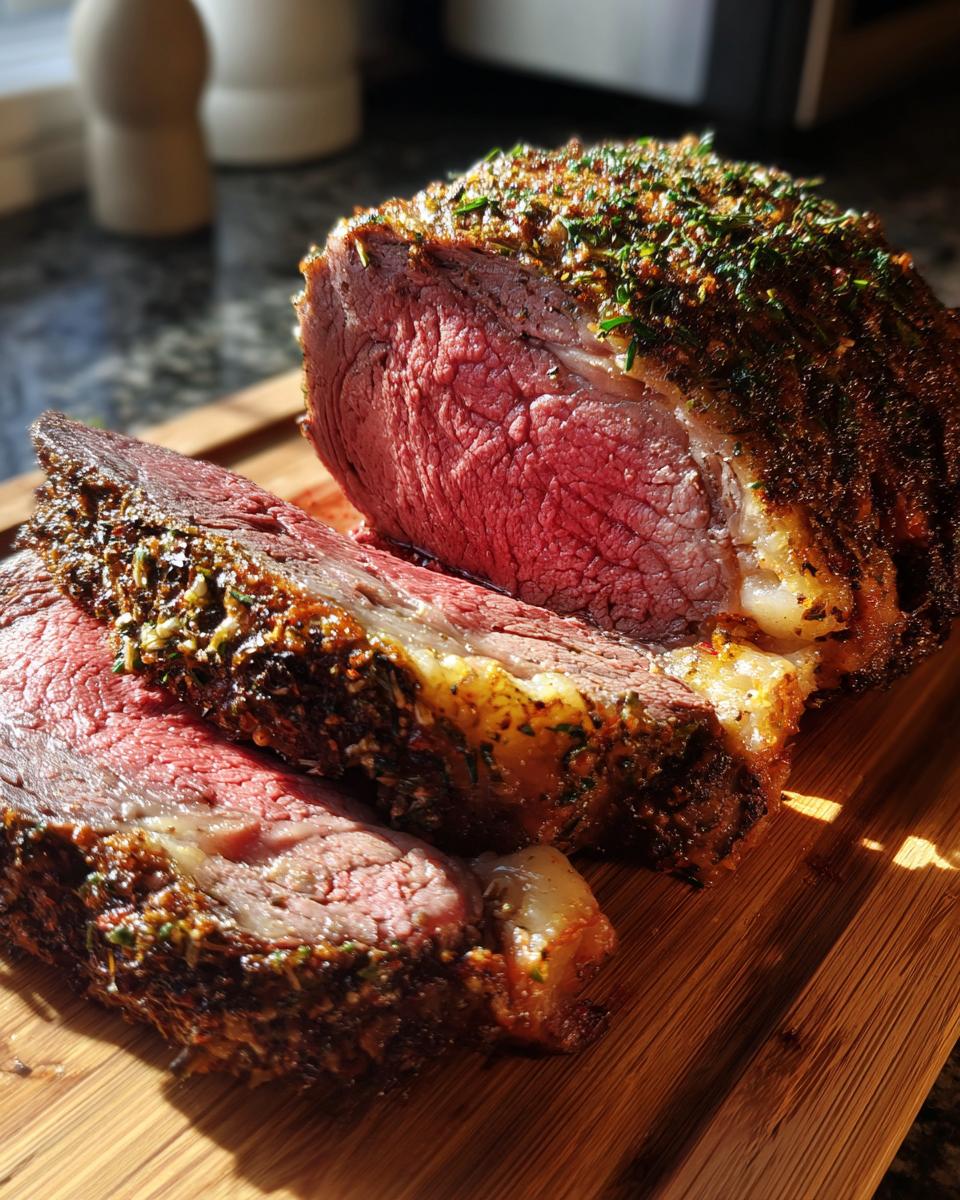 Close-up of a juicy standing rib roast, perfectly medium-rare inside, crusted with herbs, sliced on a wooden cutting board.