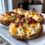 Four servings of amazing twice-baked potatoes loaded with melted cheddar cheese, bacon bits, and chives on a white plate.