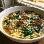 A white bowl filled with homemade wedding soup featuring small meatballs, orzo pasta, spinach, and cheese.