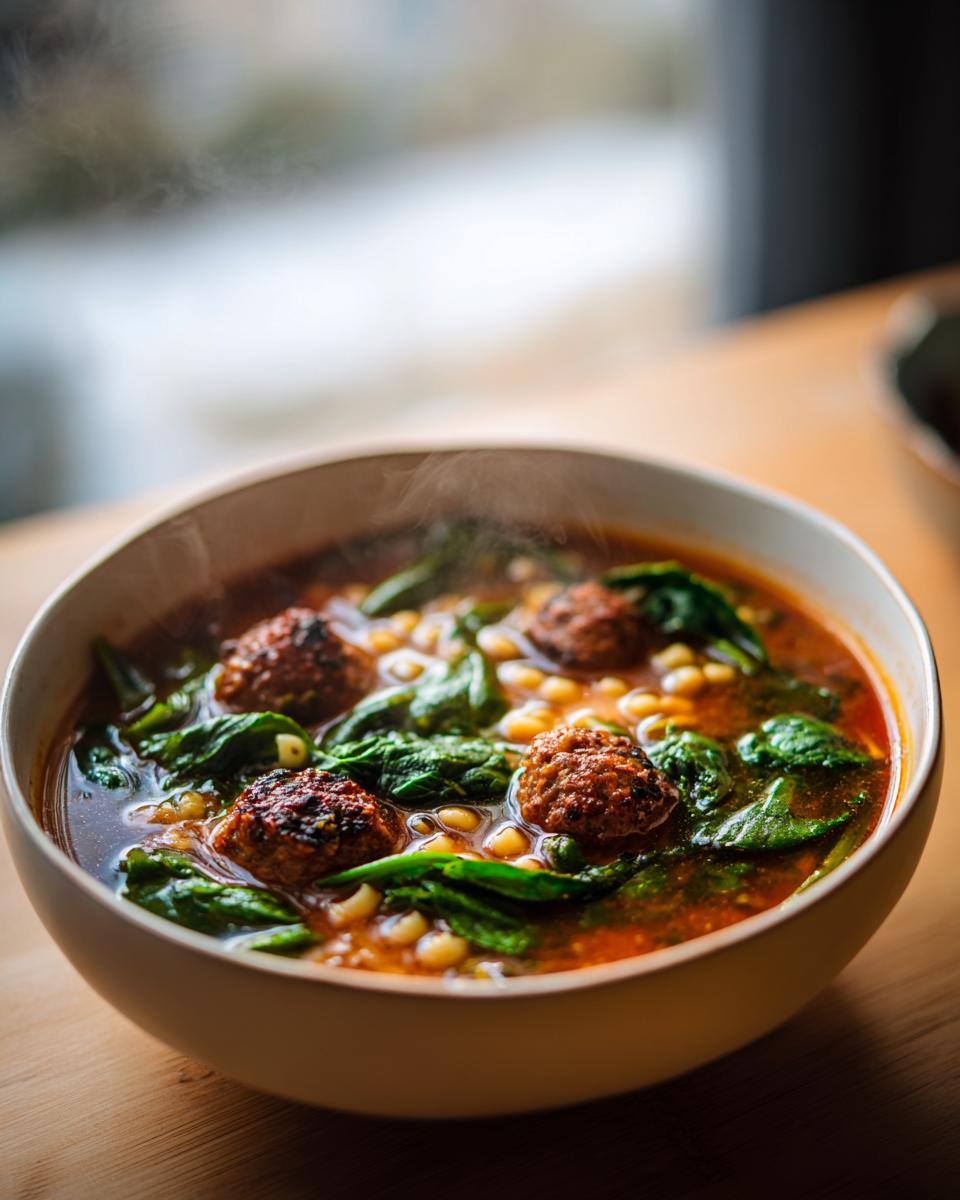 Close-up of a steaming bowl of rich, tomato-based wedding soup featuring small meatballs, pasta, and wilted spinach.