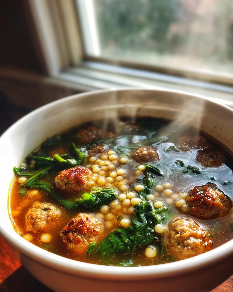 Close-up of a steaming white bowl filled with amazing wedding soup, featuring meatballs, acini de pepe pasta, and spinach.